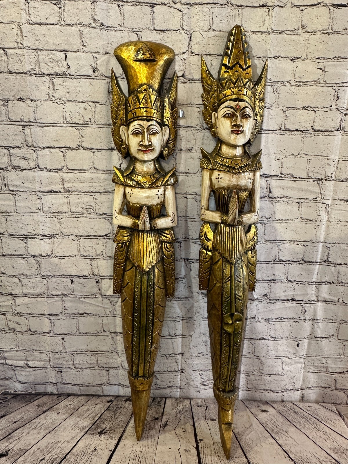 Old Antique Colour Sita Dewi Bali Rice Goddess Wings Mermaid Wood 100cm Pair
