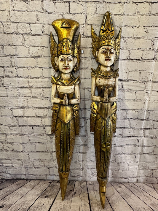 Old Antique Colour Sita Dewi Bali Rice Goddess Wings Mermaid Wood 100cm Pair