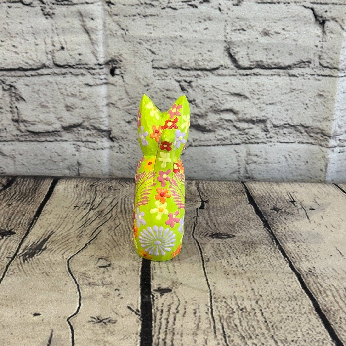 Green Small Wooden Cat With Flower Pattern 12cm x 6cm Handmade and Fairtrade