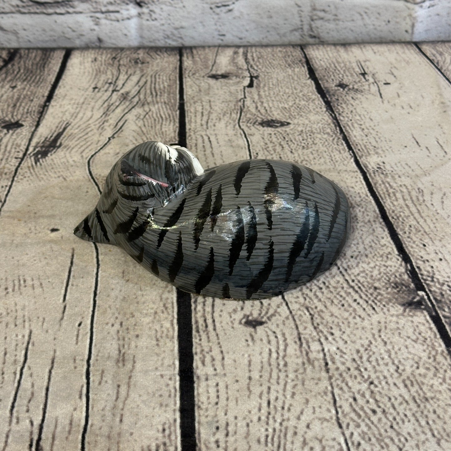 14cm Grey Style Painted Wooden Hand Carved Snoozing Cat Sleeping Cat Wooden