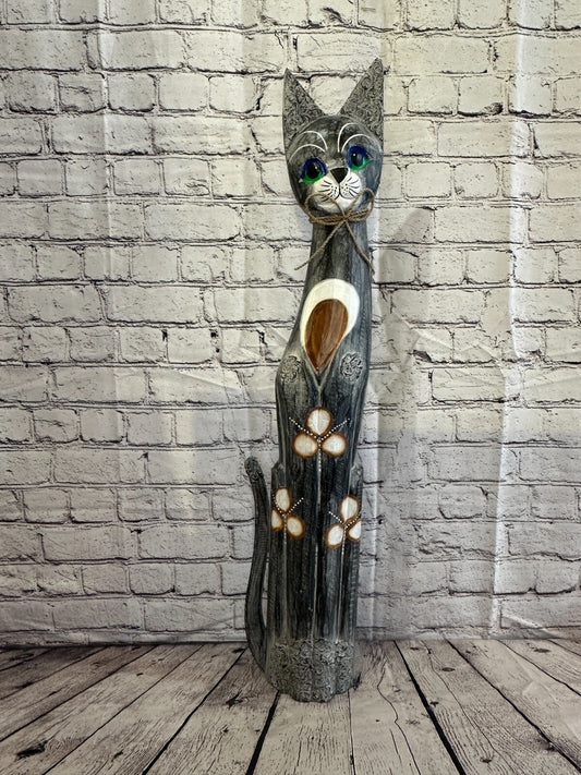 80cm Grey Swirl Flower Wooden Shabby Cat Statue Ornament Fair Trade Handcarved