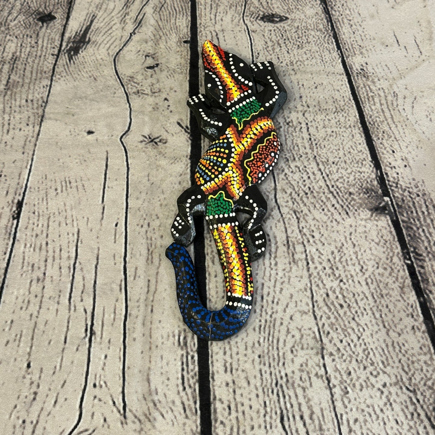 20cm Gecko Carved Wooden Dot Painted Ethnic Tribal Tiki Wall Handmade No 4