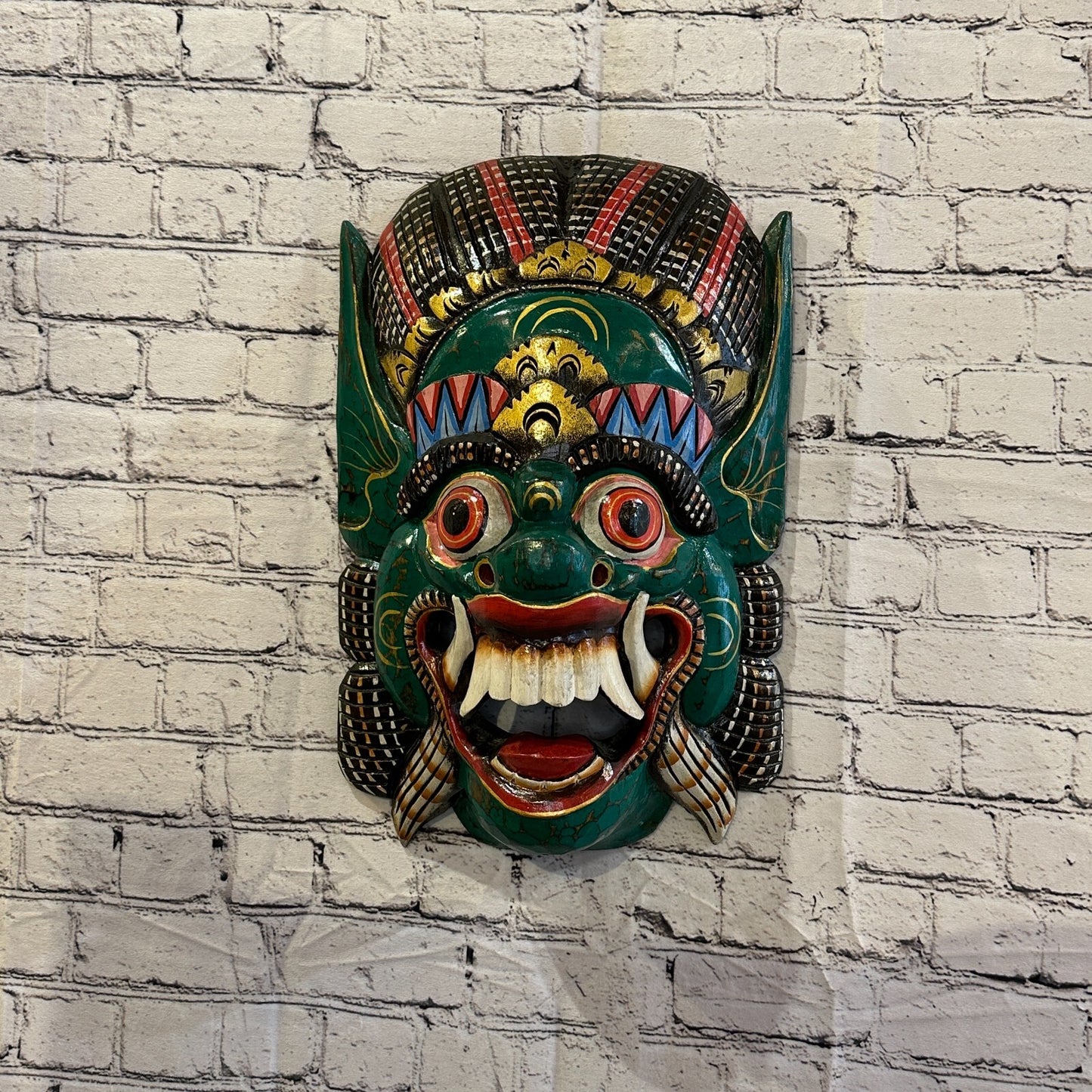 Large Wooden Green Barong Wall Mask 50cm x 30cm Handmade And Fairtrade
