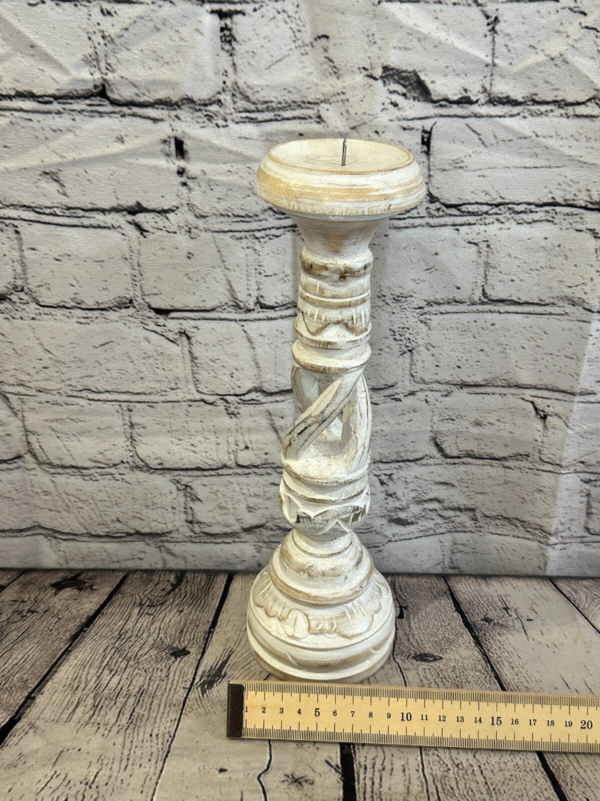 30cm White Tall Candlestick Shabby Chic Distressed Twist Column Candle Holder