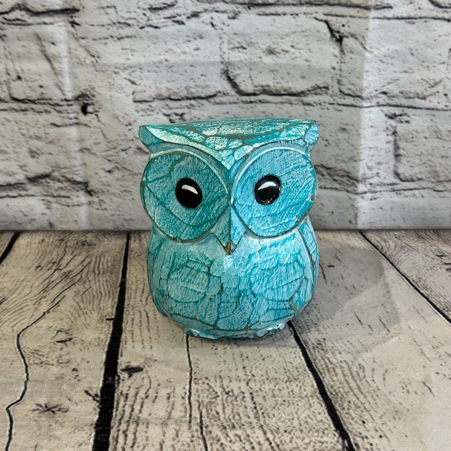 12cm x 10cm Green Flower Wooden Shabby Owl Statue Ornament Fair Trade Handcarved