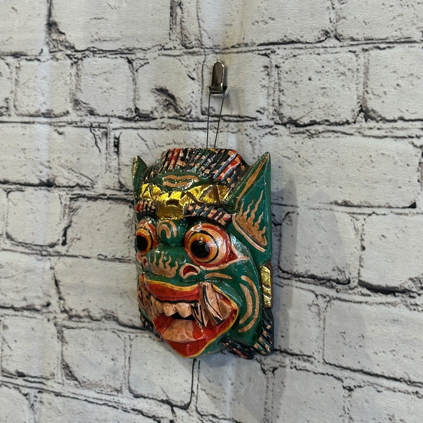 Small Wooden Green Barong Wall Mask 15cm x 12cm Handmade And Fairtrade Hindu