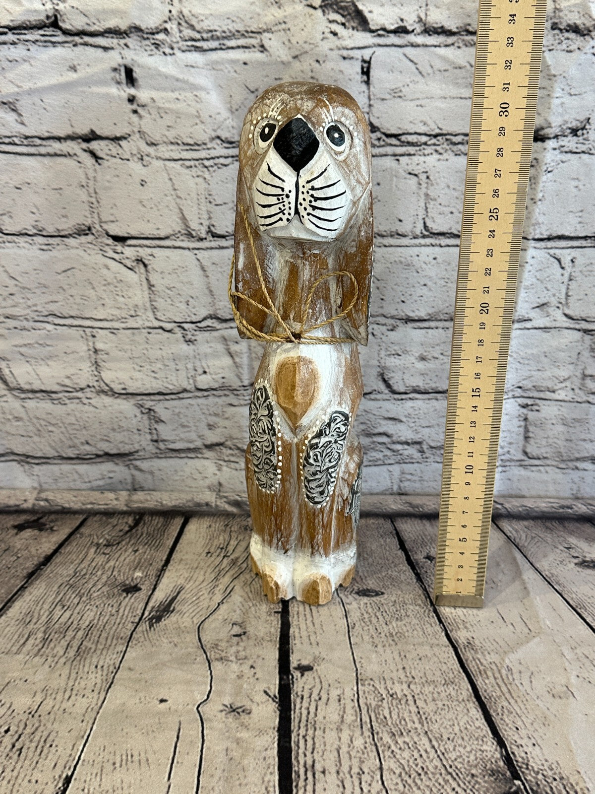 30cm Light Brown Flower Wooden Shabby Dog Statue Ornament Fair Trade Handcarved