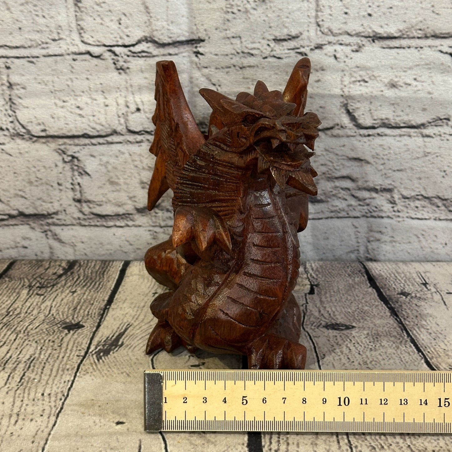 15cm x 15cm Dark Wooden Standing Dragon Carving Hand Carved Wing Back Dragon