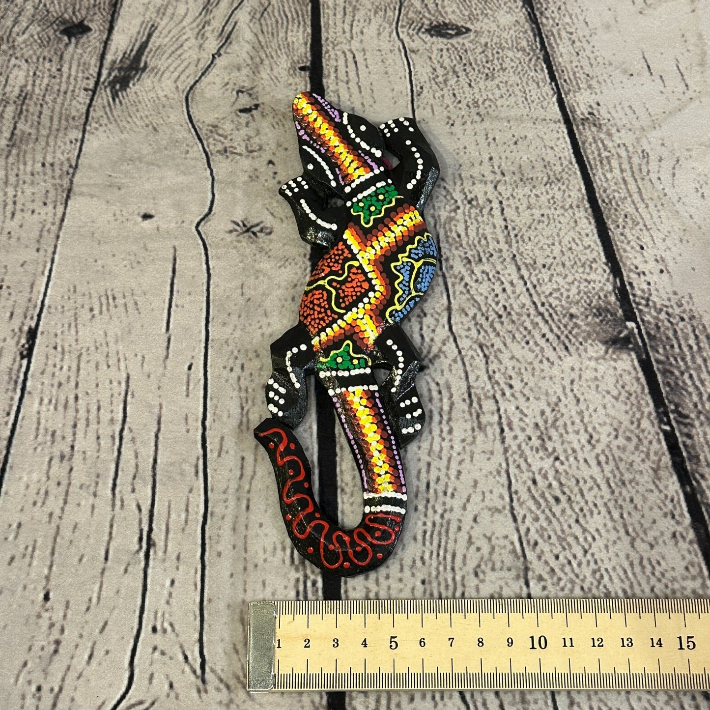 20cm Gecko Carved Wooden Dot Painted Ethnic Tribal Tiki Wall Handmade No 12