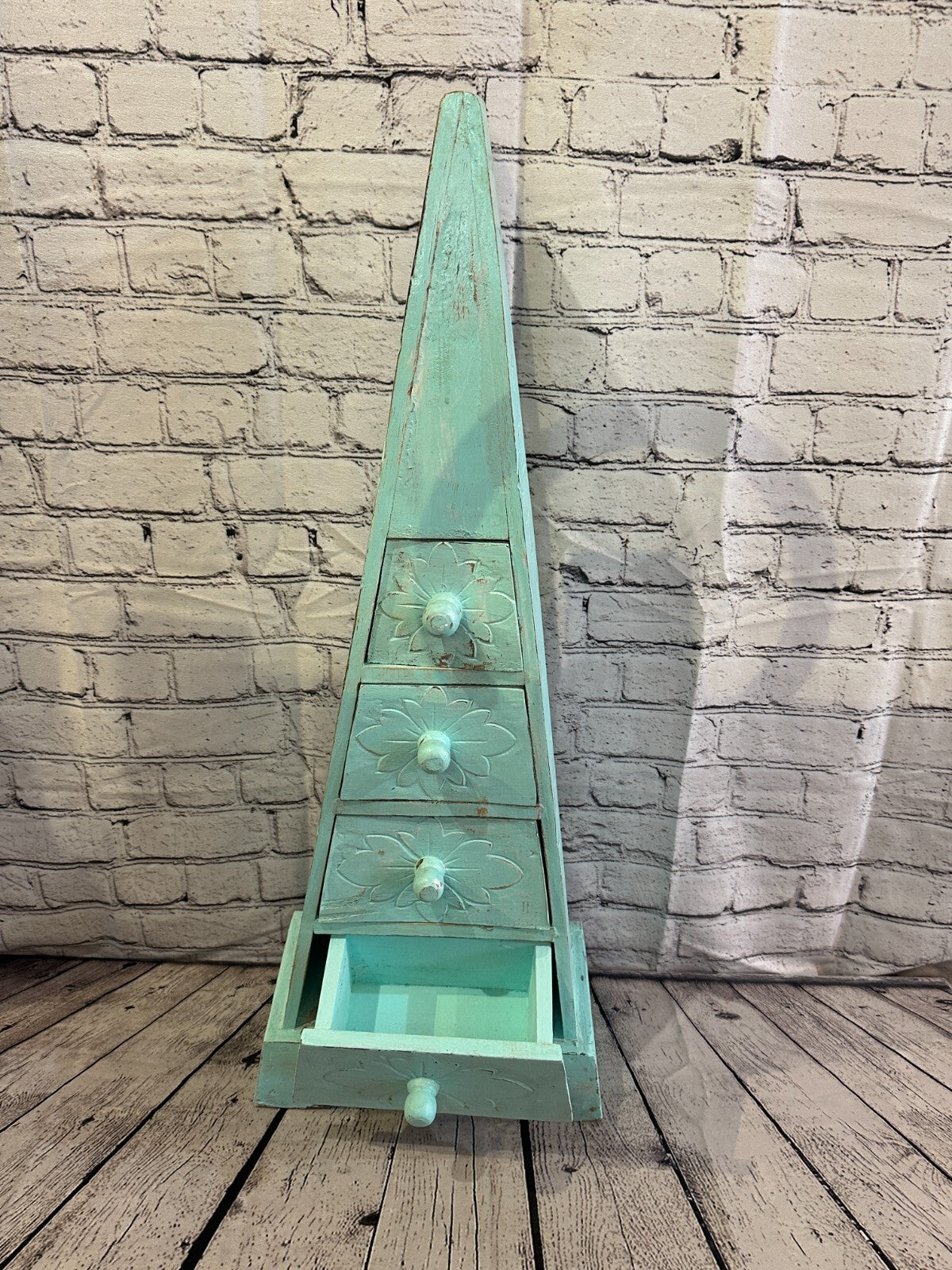 80cm x 30cm Green 3 Draw Pyramid Wooden Side Cabinet Living Storage Furniture