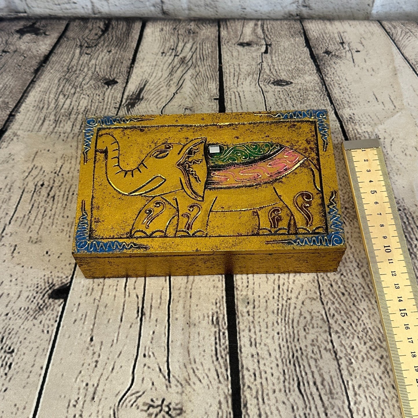 Bright Gold Thai Plain Elephant 20cm x 12cm x 5cm Wooden Box Trinket Handmade