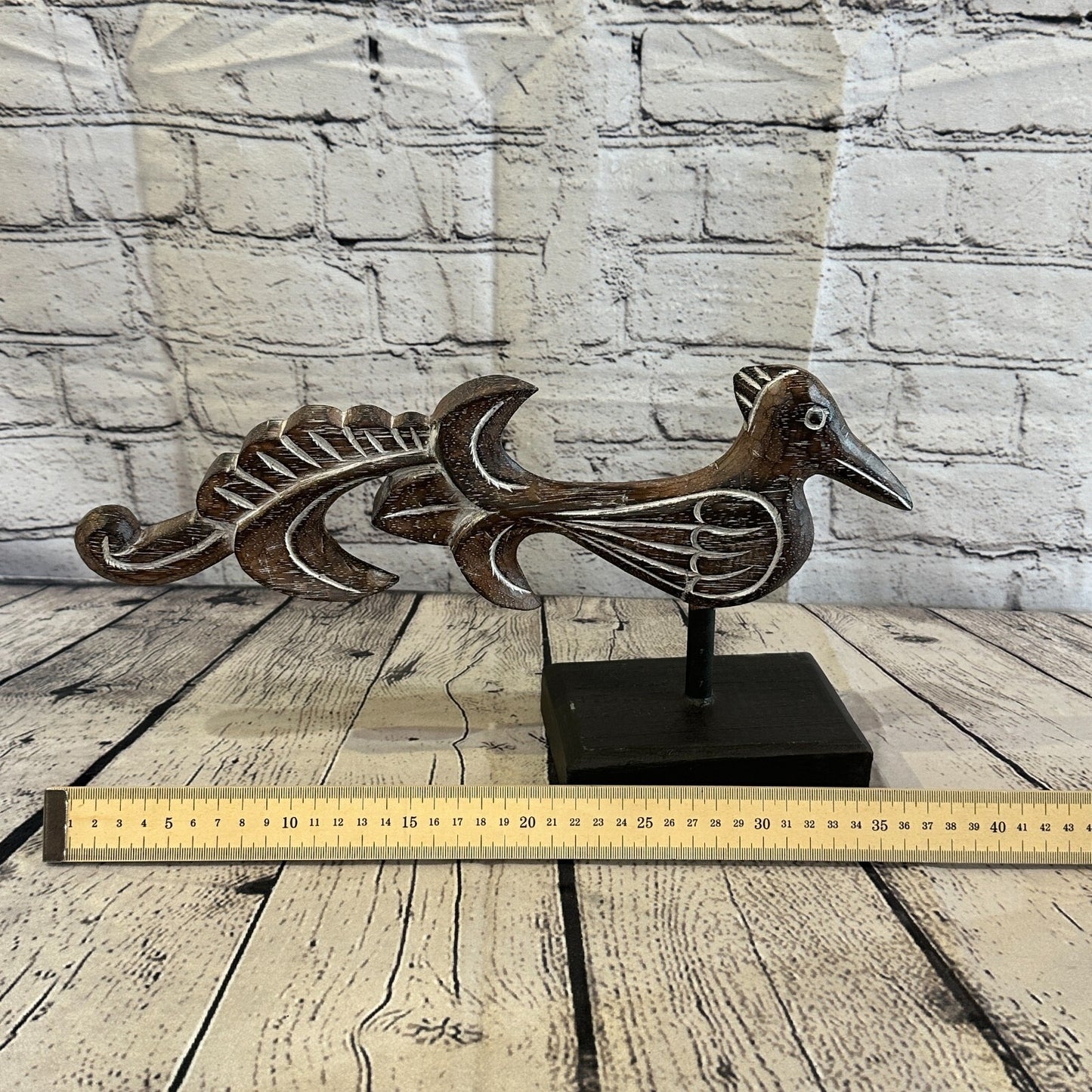 40cm x 20cm Wooden Tribal Primitive Black Phoenix Bird Stand Sculpture Statue
