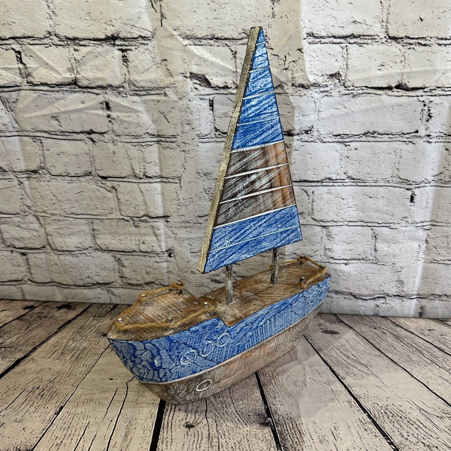 40cm Rustic Wooden Brown & Blue Sailing Boat Nautical Ornament Sculpture Decor