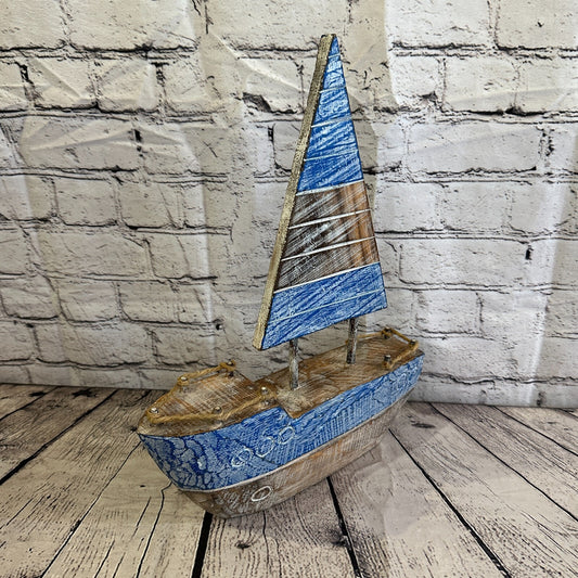 40cm Rustic Wooden Brown & Blue Sailing Boat Nautical Ornament Sculpture Decor