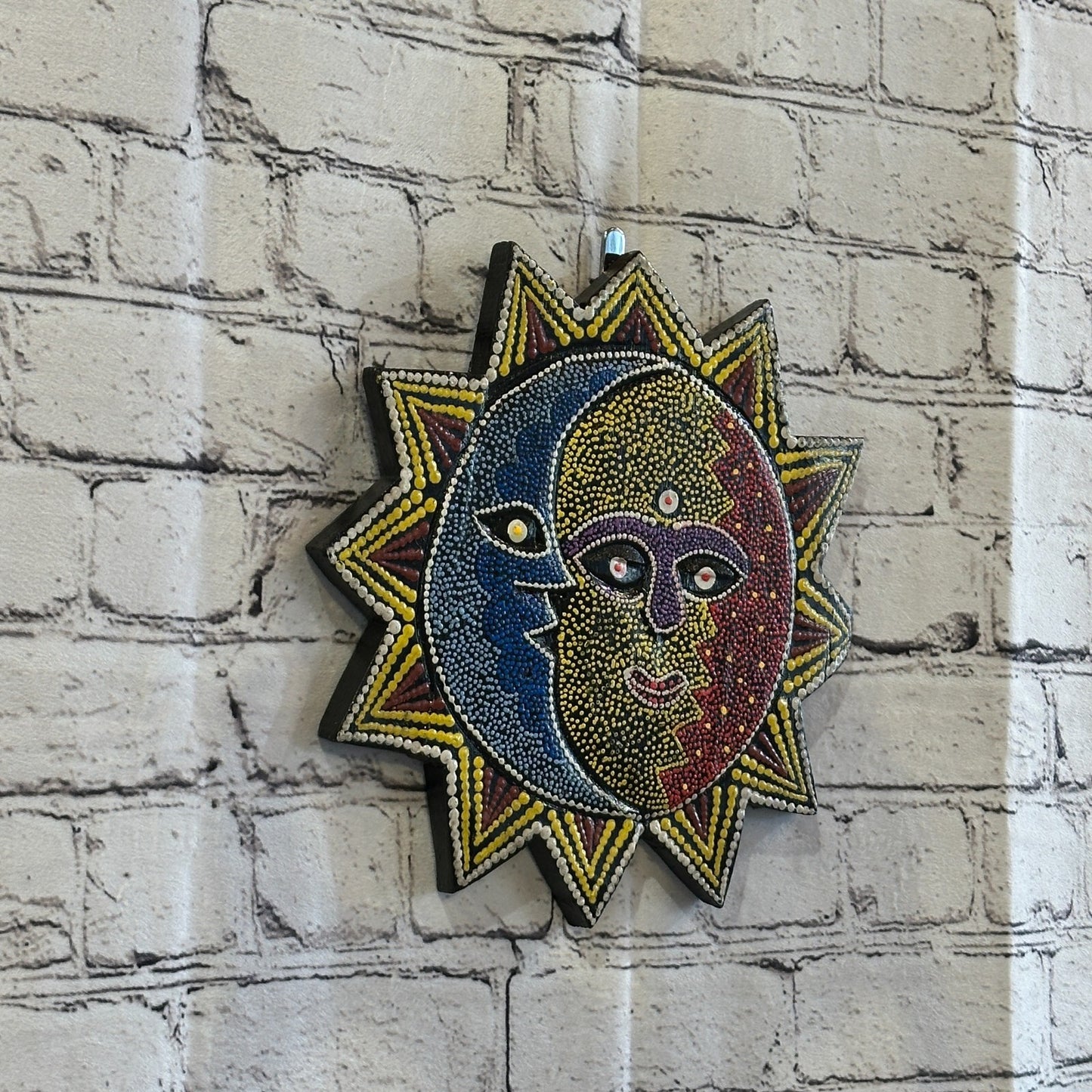 25cm Sun & Moon Carved Wooden Dot Painted Ethnic Tribal Tiki Wall Handmade No 3