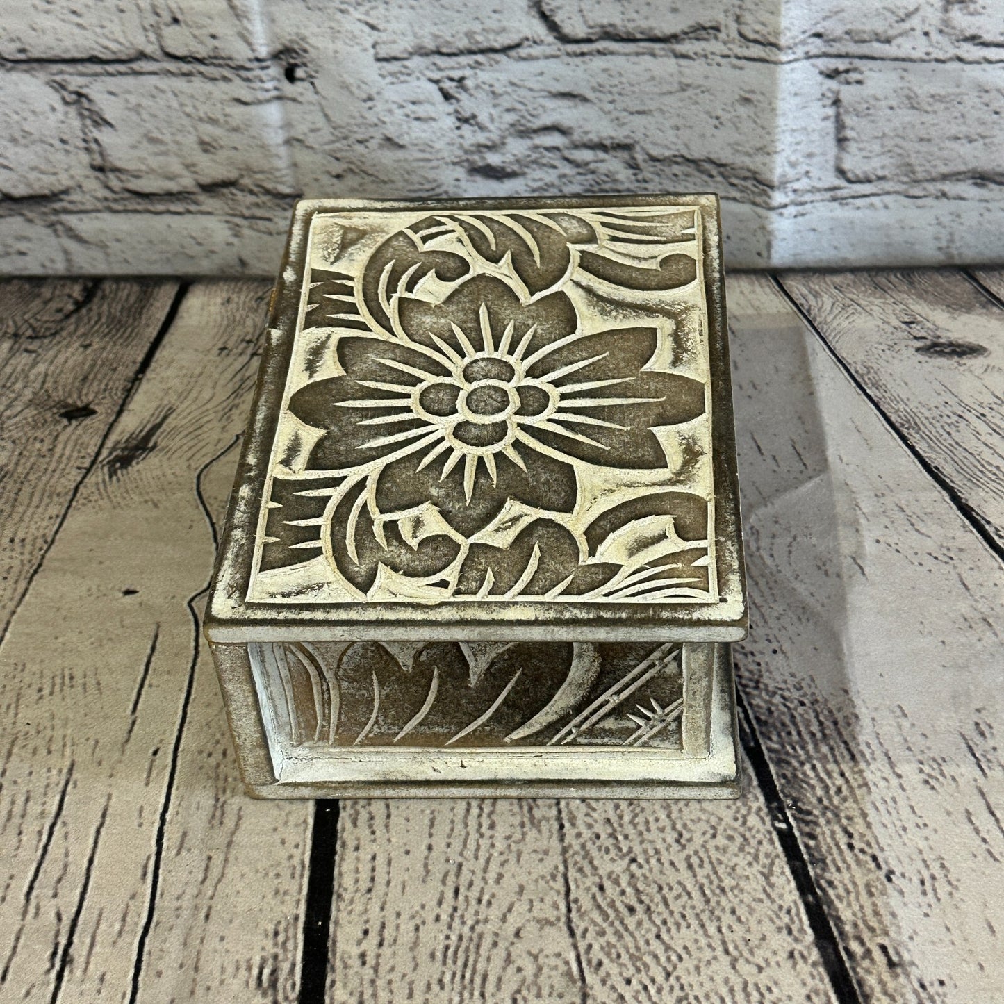 Brown Flower MDF Box Lotus 18cm x 12cm x 7cm Wooden Box Trinket Handmade