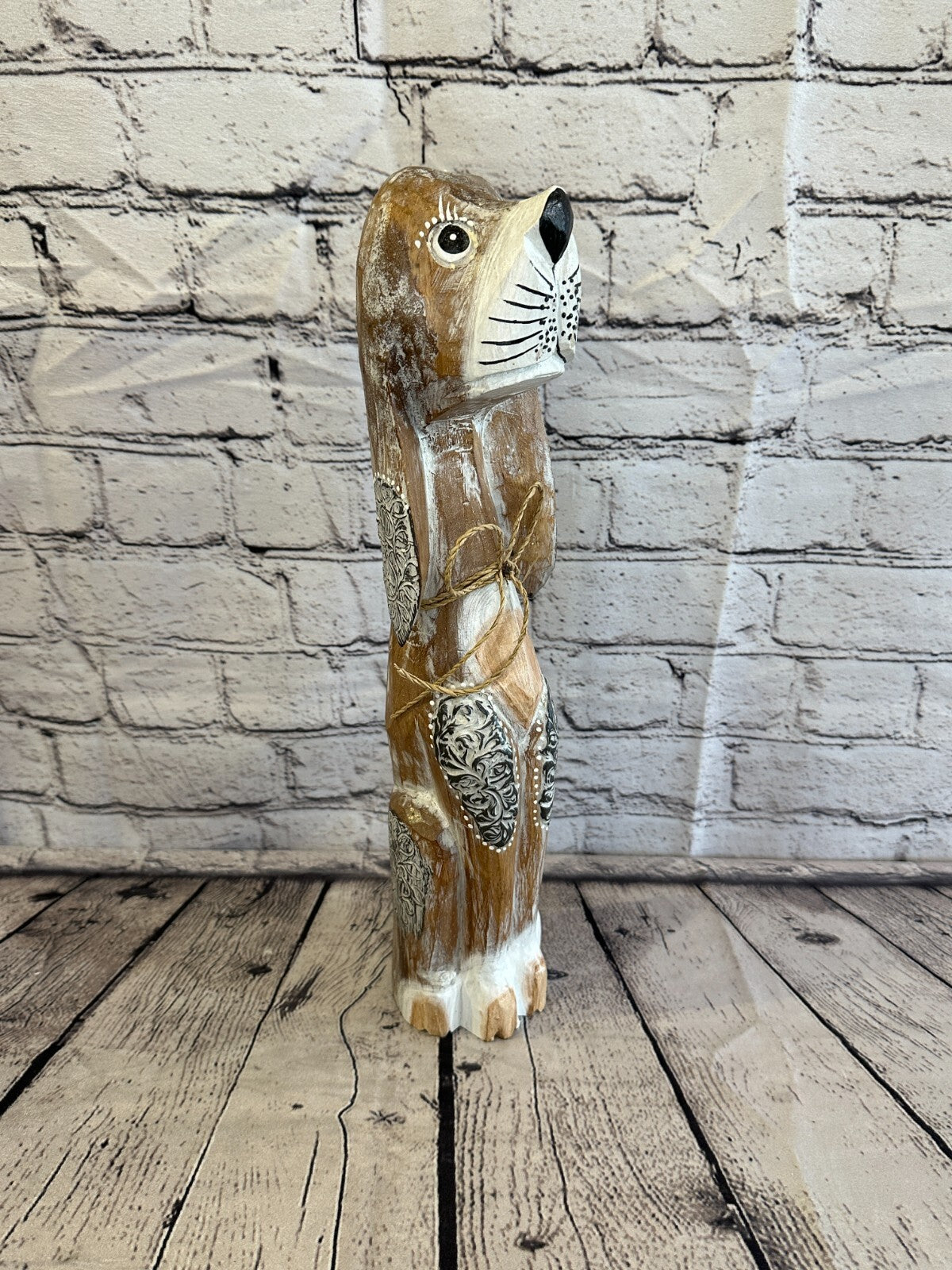40cm Light Brown Flower Wooden Shabby Dog Statue Ornament Fair Trade Handcarved