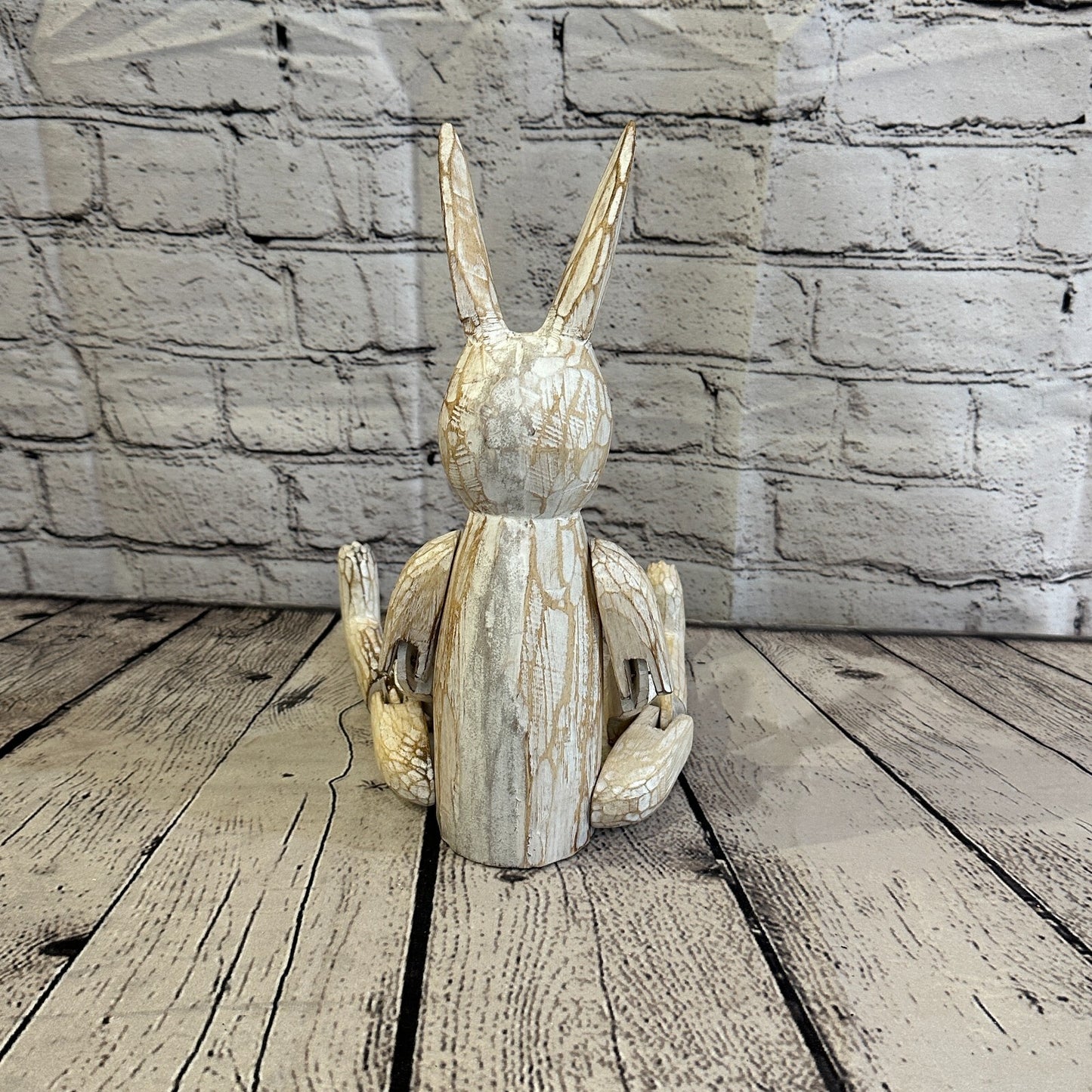30cm Shabby White Rabbit Sitting Animal Wooden Shelf Ornament Handmade Fairtrade