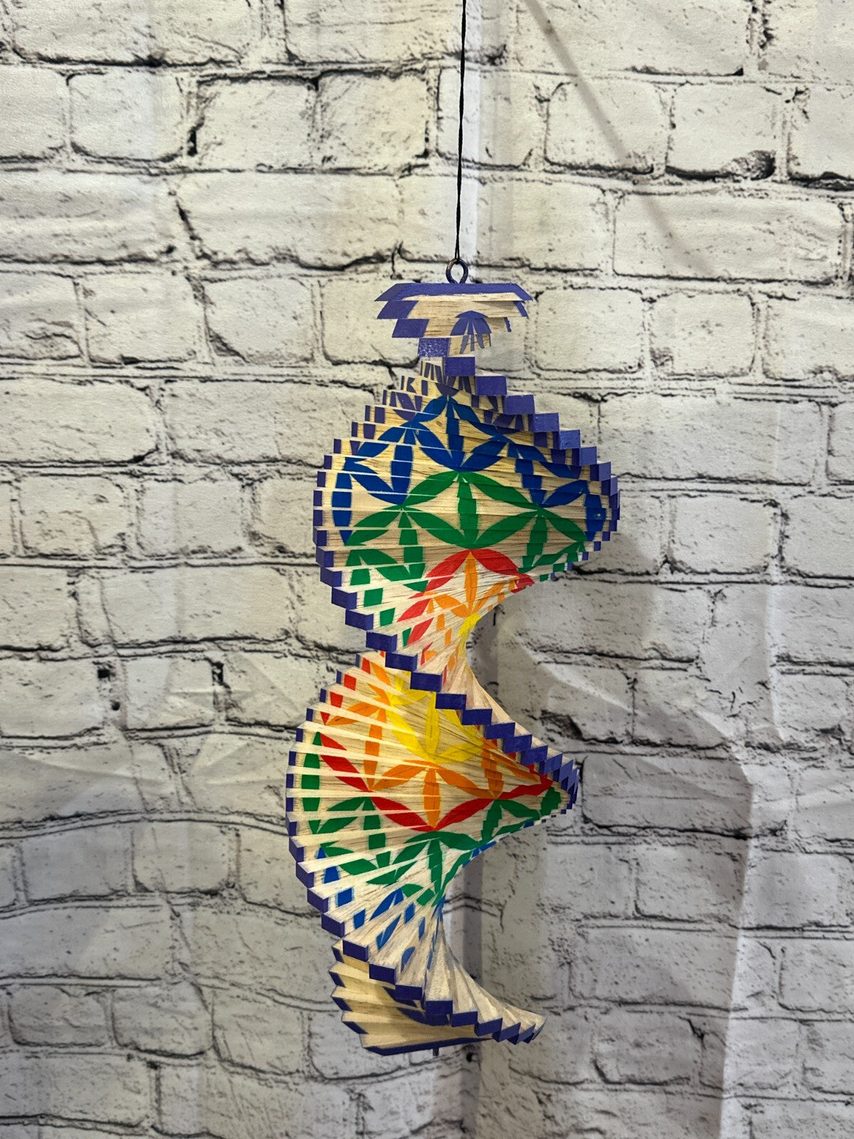 40cm Rainbow Flower Pattern Wind Spinner Wooden Spiral Mobile Garden Ornament