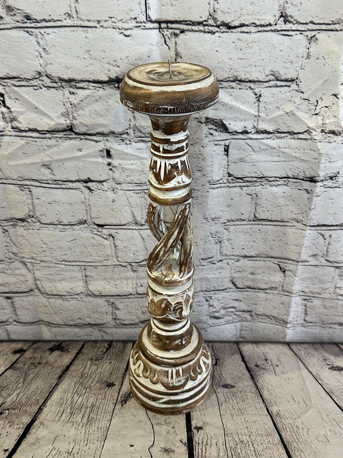 40cm Brown Tall Candlestick Shabby Chic Distressed Twist Column Candle Holder