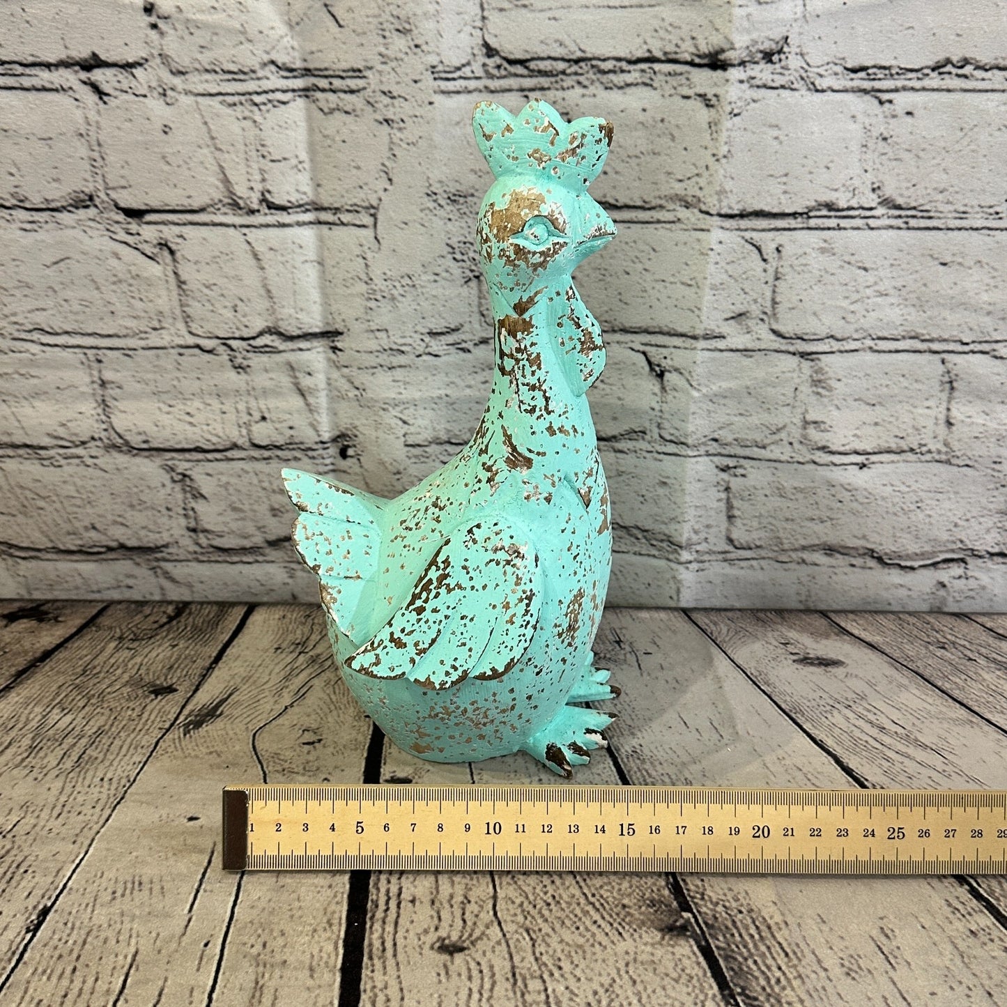 25cm x 12cm Green Shabby Wooden Rooster Cockerel Retro Collectable Hand Carved
