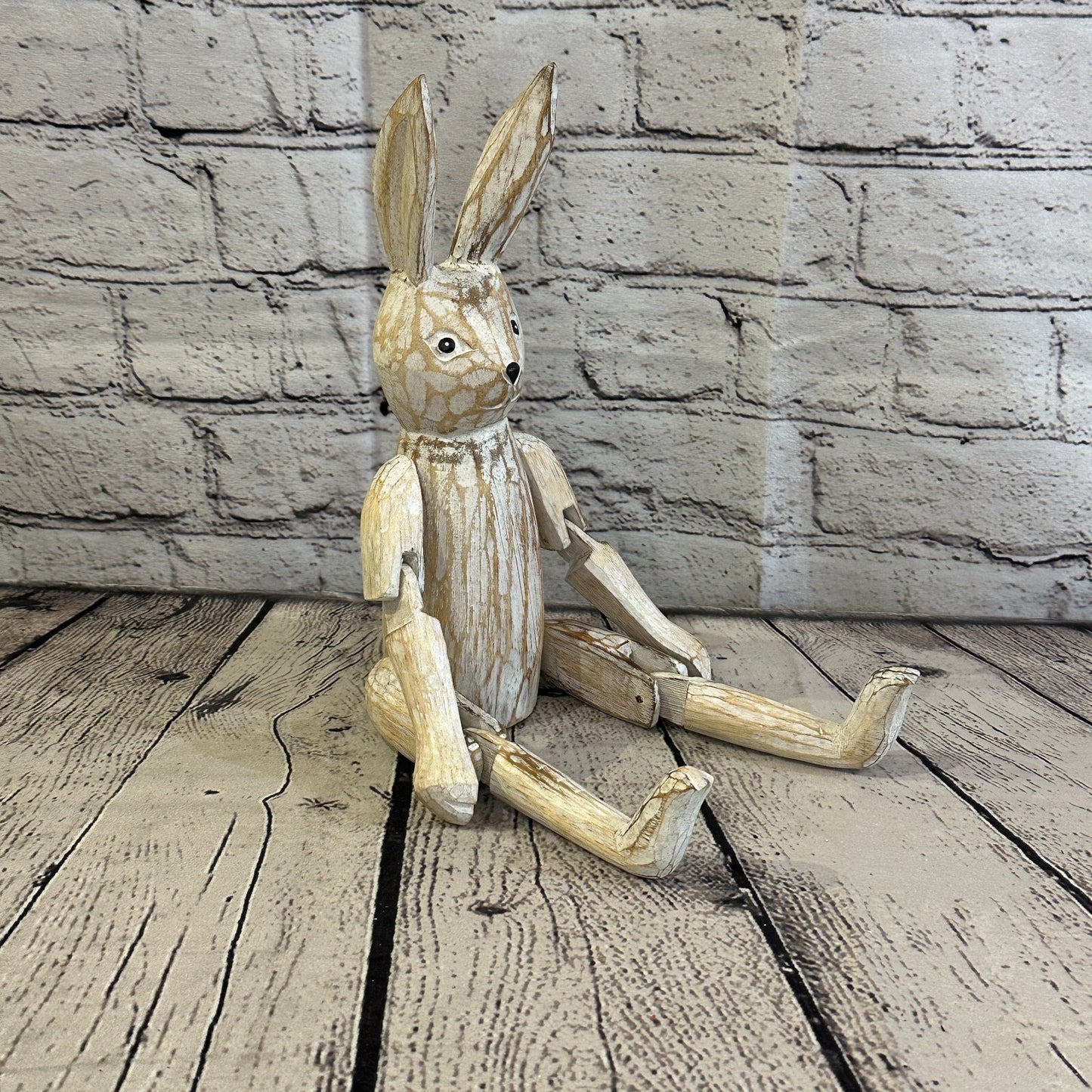 25cm Shabby White Rabbit Sitting Animal Wooden Shelf Ornament Handmade Fairtrade