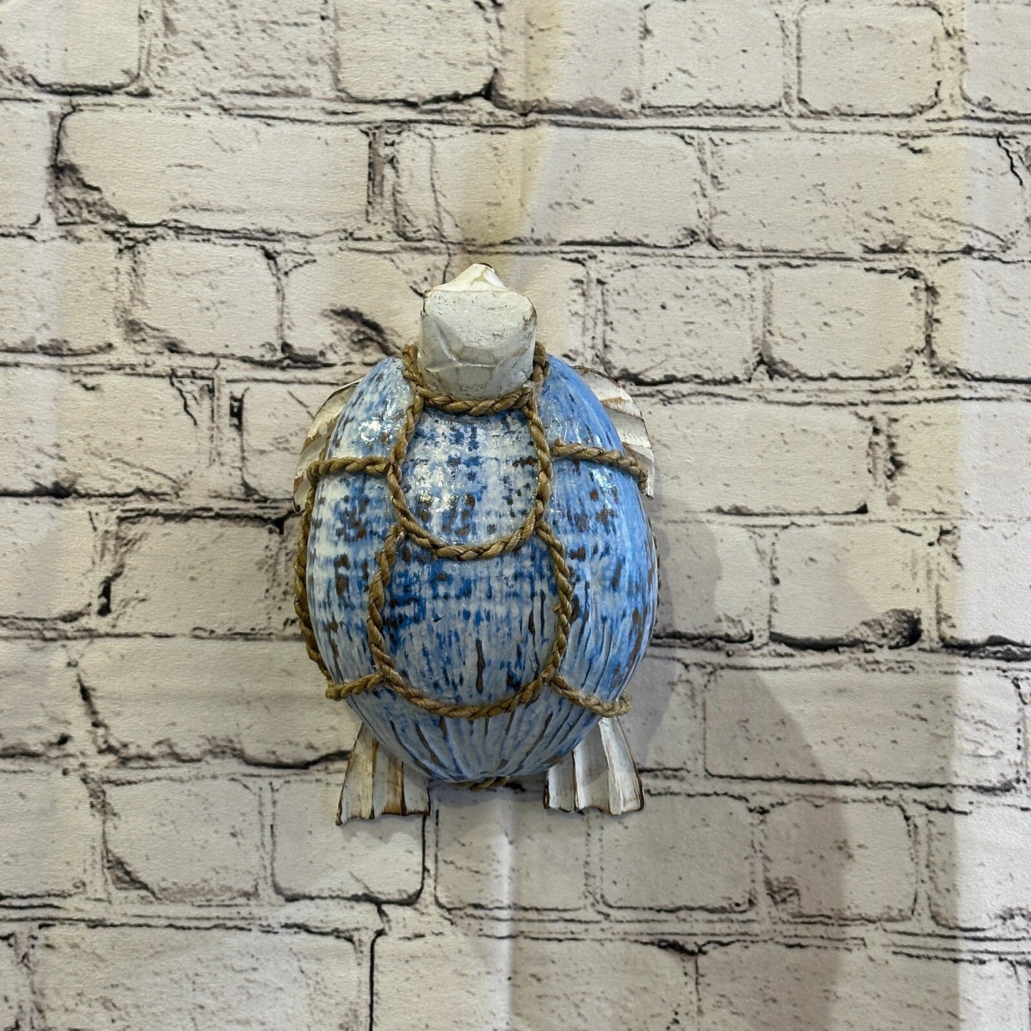 White Blue Folk Art Hand Painted Turtle Coconut Shell Ornaments Hanging Decor