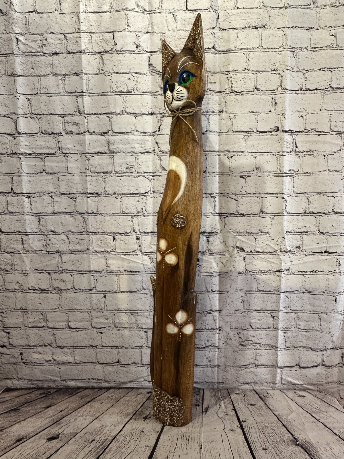 100cm Brown Swirl Flower Wooden Shabby Cat Statue Ornament Fair Trade Handcarved