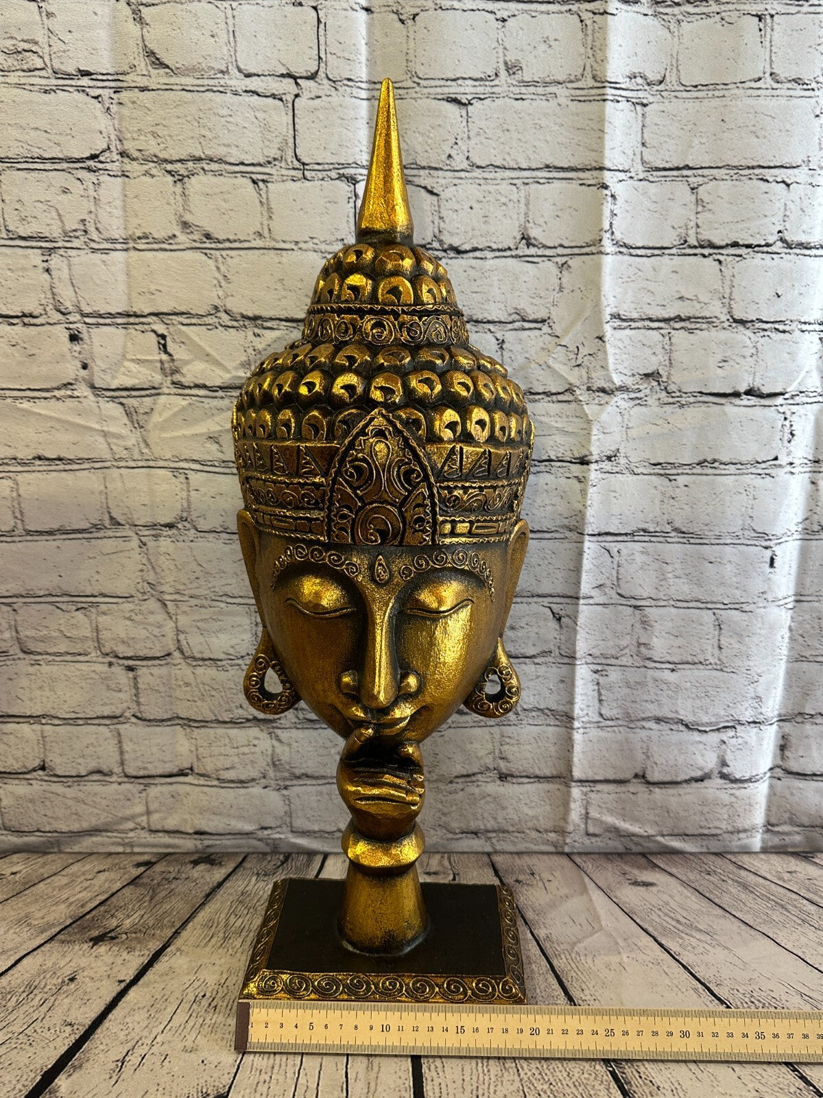 65cm Gold Buddha Head Wooden Standing Statue Figurine Ornament Fair Trade