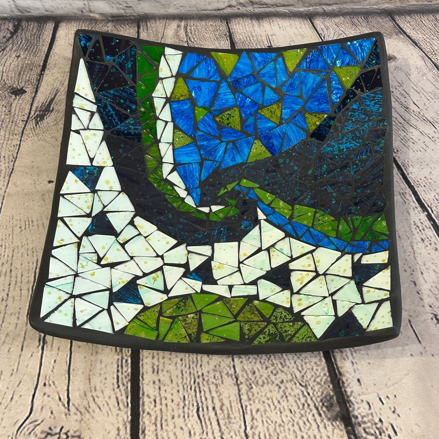 25cm Blue Green Swirl Square Mosaic Handmade Ceramic Glass Tile Bowl Fruit