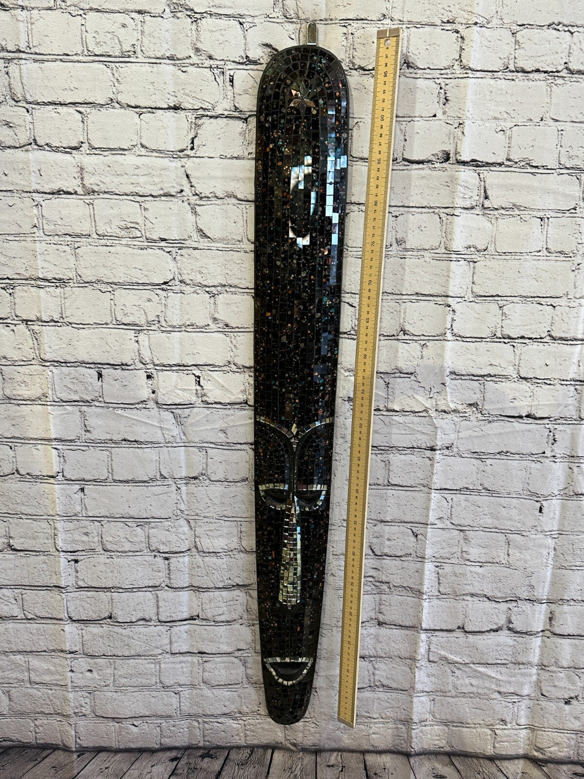 80cm Black Mosaic Mirror Mask Carved Painted Ethnic Tribal Wall Art Handmade