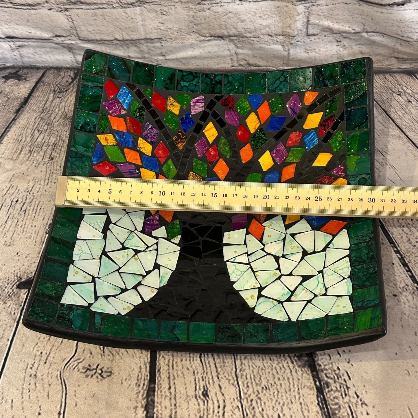 30cm Rainbow Tree Of Life Square Mosaic Handmade Ceramic Glass Tile Bowl Fruit