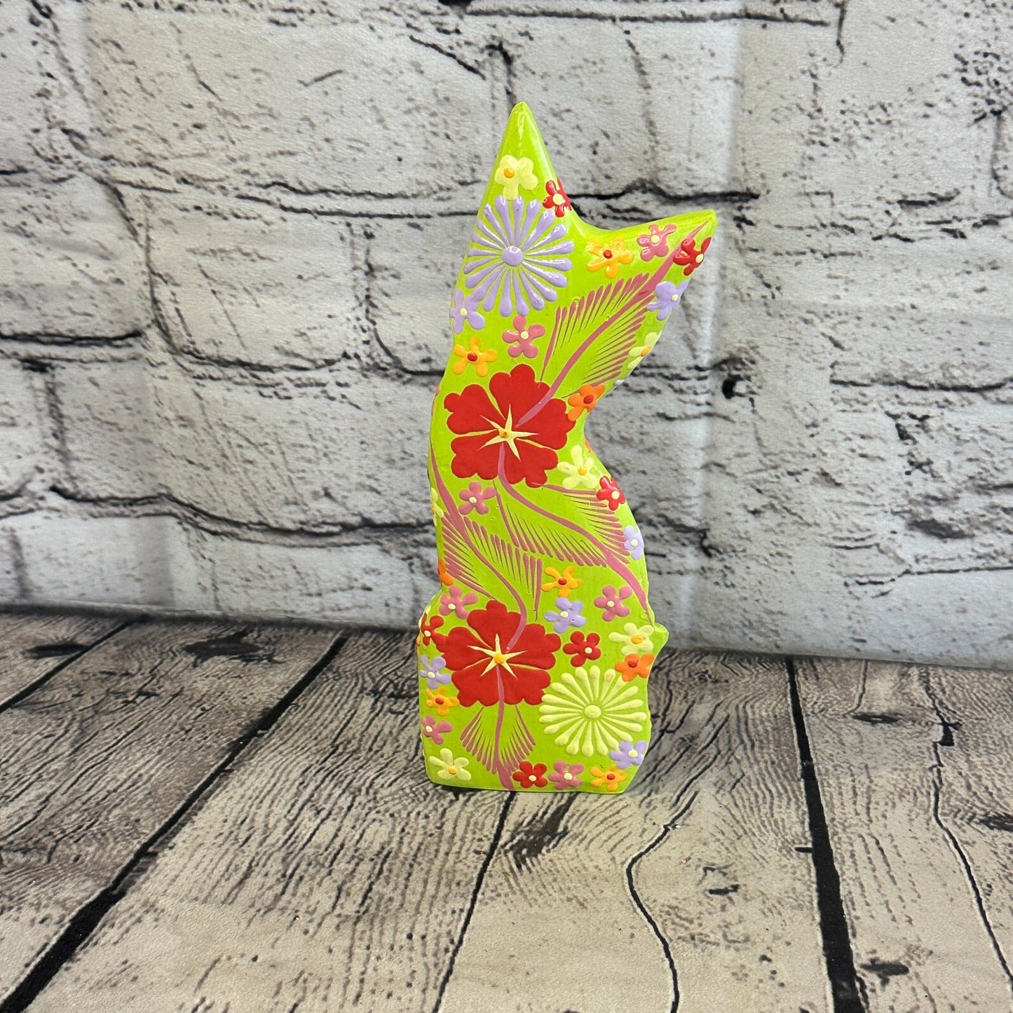 Green Flat Back Wooden Cat With Flower Pattern 20cm x 8cm Handmade and Fairtrade