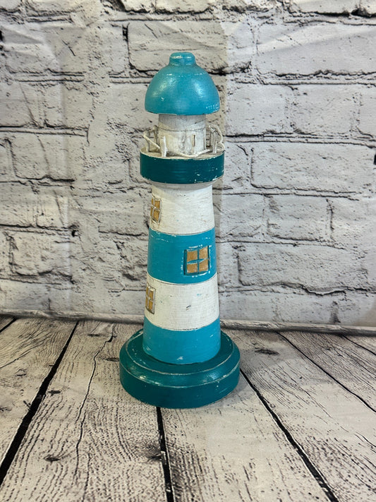 30cm Green White Wooden Lighthouse Ornament Nautical Coastal Sculpture Statue