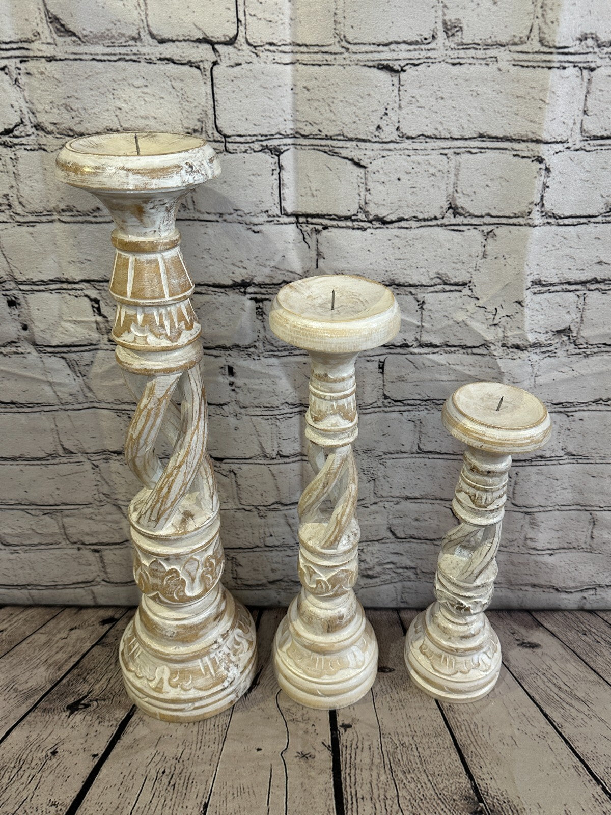 30cm White Tall Candlestick Shabby Chic Distressed Twist Column Candle Holder