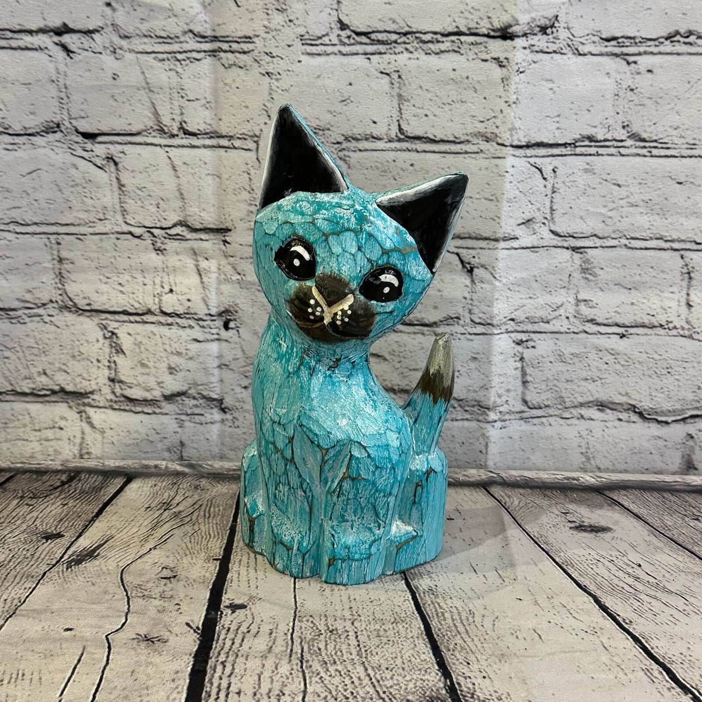 25cm x 10cm Green Flower Wooden Shabby Cat Statue Ornament Fair Trade Handcarved