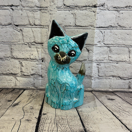 25cm x 10cm Green Flower Wooden Shabby Cat Statue Ornament Fair Trade Handcarved