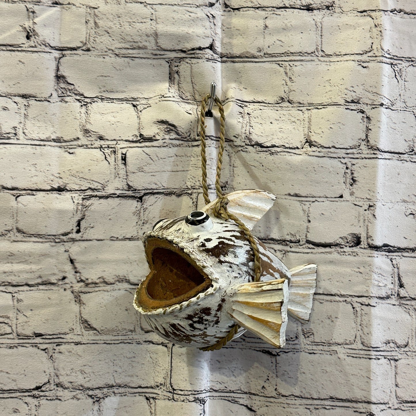 Plain White Folk Art Hand Painted Shark Fish Coconut Shell Ornaments Hanging