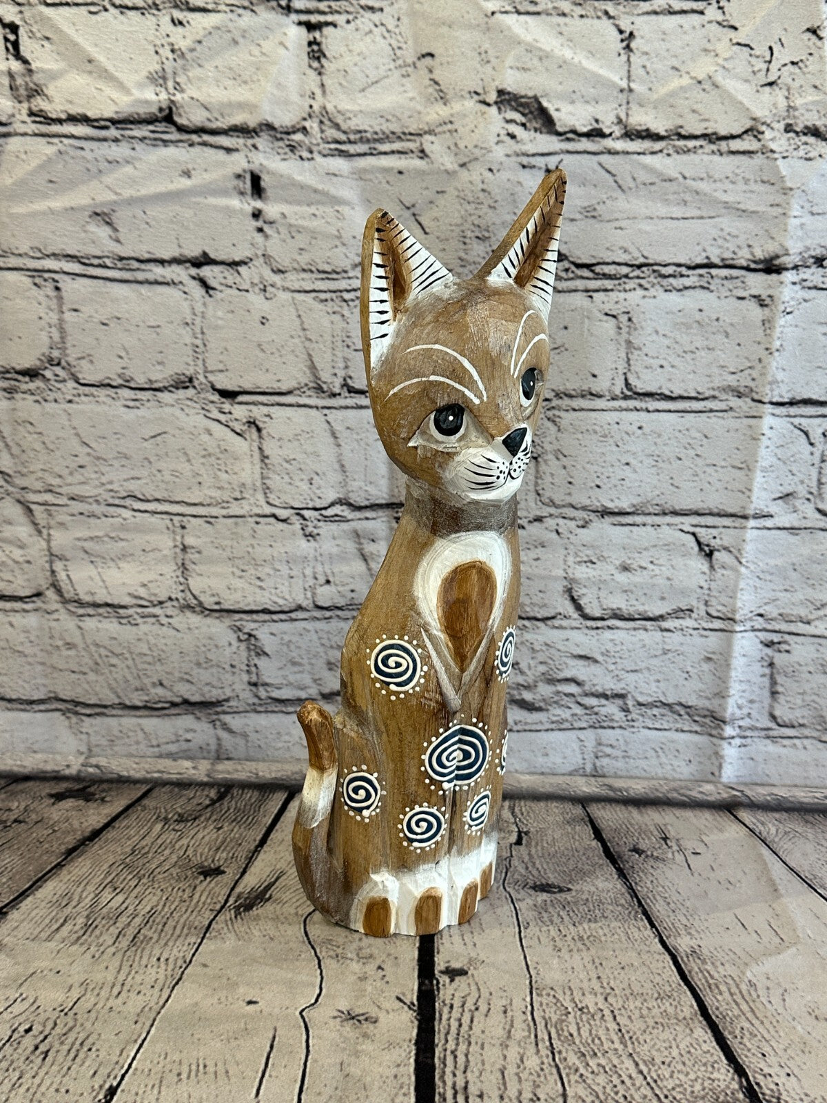 30cm Light Brown Flower Wooden Shabby Cat Statue Ornament Fair Trade Handcarved