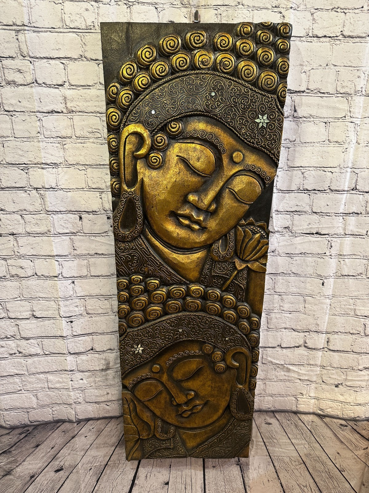 120cm x 40cm Tall Buddha 2 Faces Gold Wooden Wood Panel Wall Art Plaque