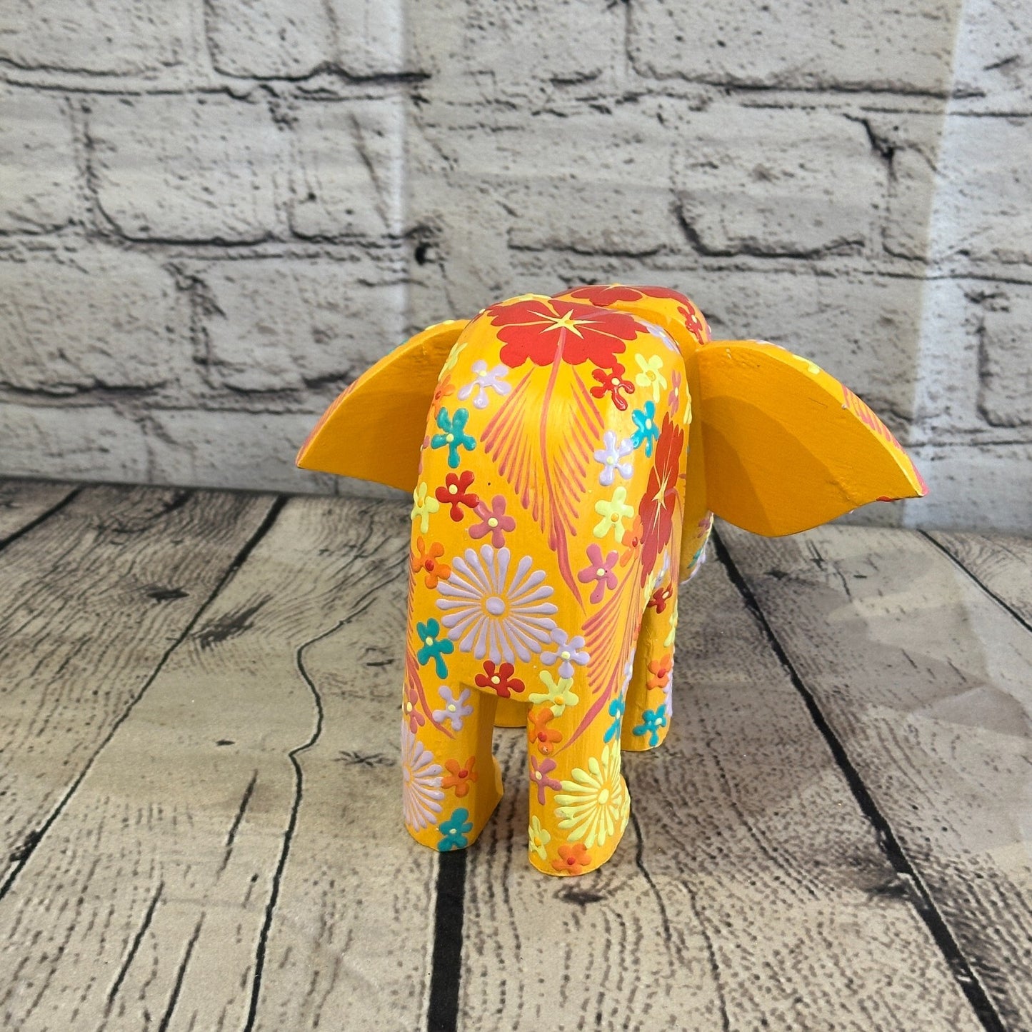 Orange Wooden Elephant With Flower Pattern 15cm x 18cm Handmade and Fairtrade