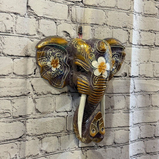 30cm x 30cm Purple Flower Painted Wood Elephant Head Wall Mounted Art Shabby