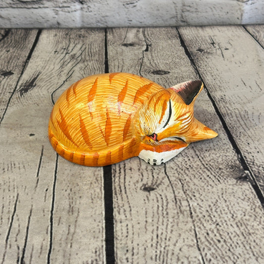 14cm Orange Style Painted Wooden Hand Carved Snoozing Cat Sleeping Cat Wooden
