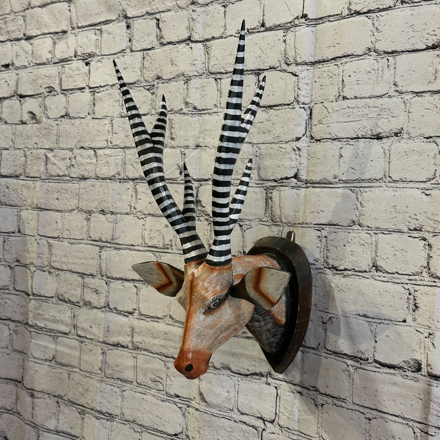 45cm x 25cm Brown Painted Wood Antelope Head Wall Mounted Art Large Shabby