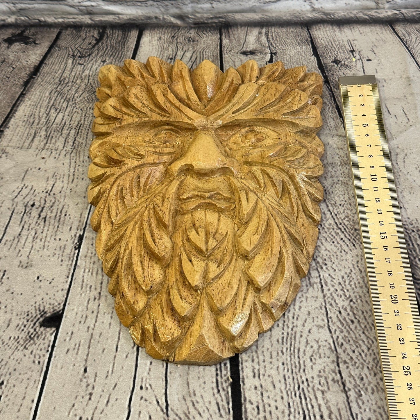 Flat Green Man Of The Woods 25cm Hand Carved Wizard Tree Trunk Wood Fairtrade