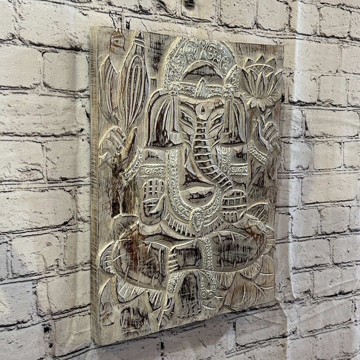Wooden Wood Panel 40cm Brown White Ganesh Lotus Wall Art Plaque Handcarved