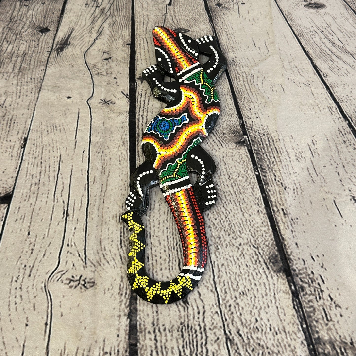 30cm Gecko Carved Wooden Dot Painted Ethnic Tribal Tiki Wall Handmade No 5