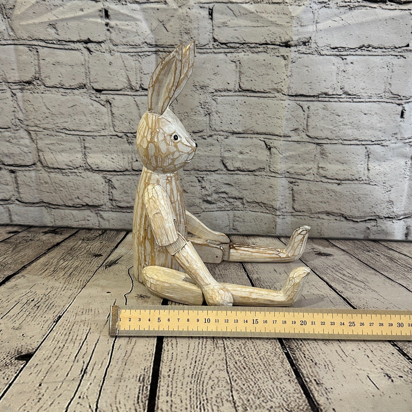 30cm Shabby White Rabbit Sitting Animal Wooden Shelf Ornament Handmade Fairtrade