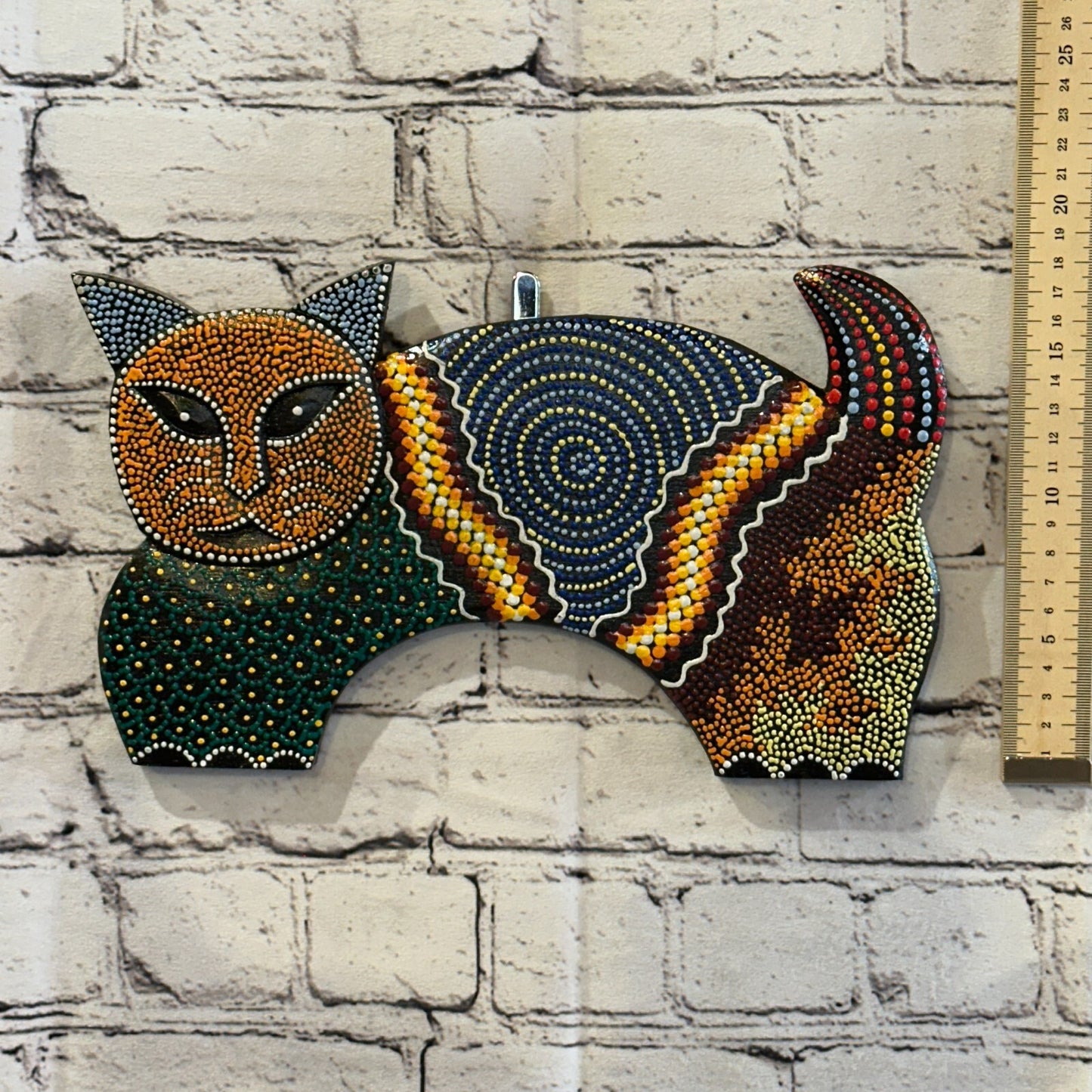 30cm Orange Cat Carved Wooden Dot Painted Ethnic Tribal Tiki Wall Art Handmade