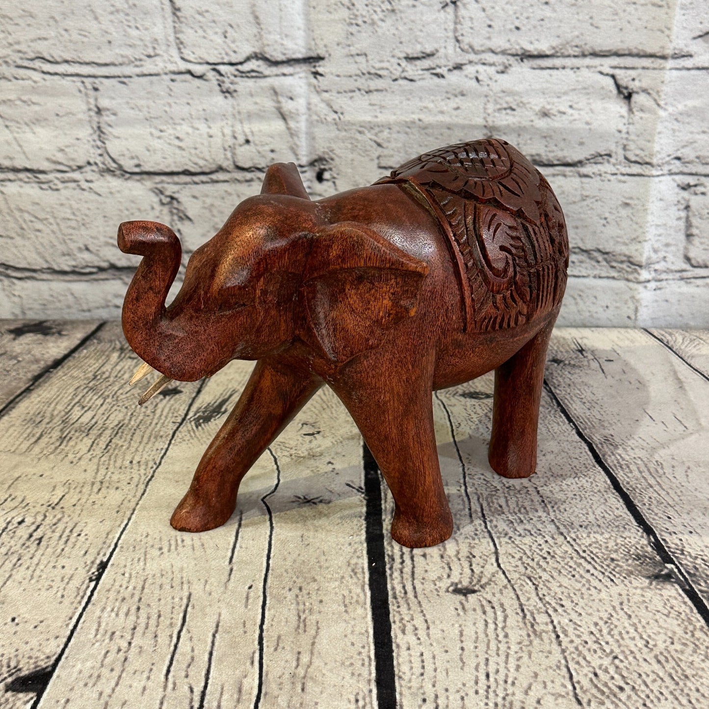 20cm x 15cm Carved Wooden Baby Elephant Wood Brown Sculpture Retro Handmade